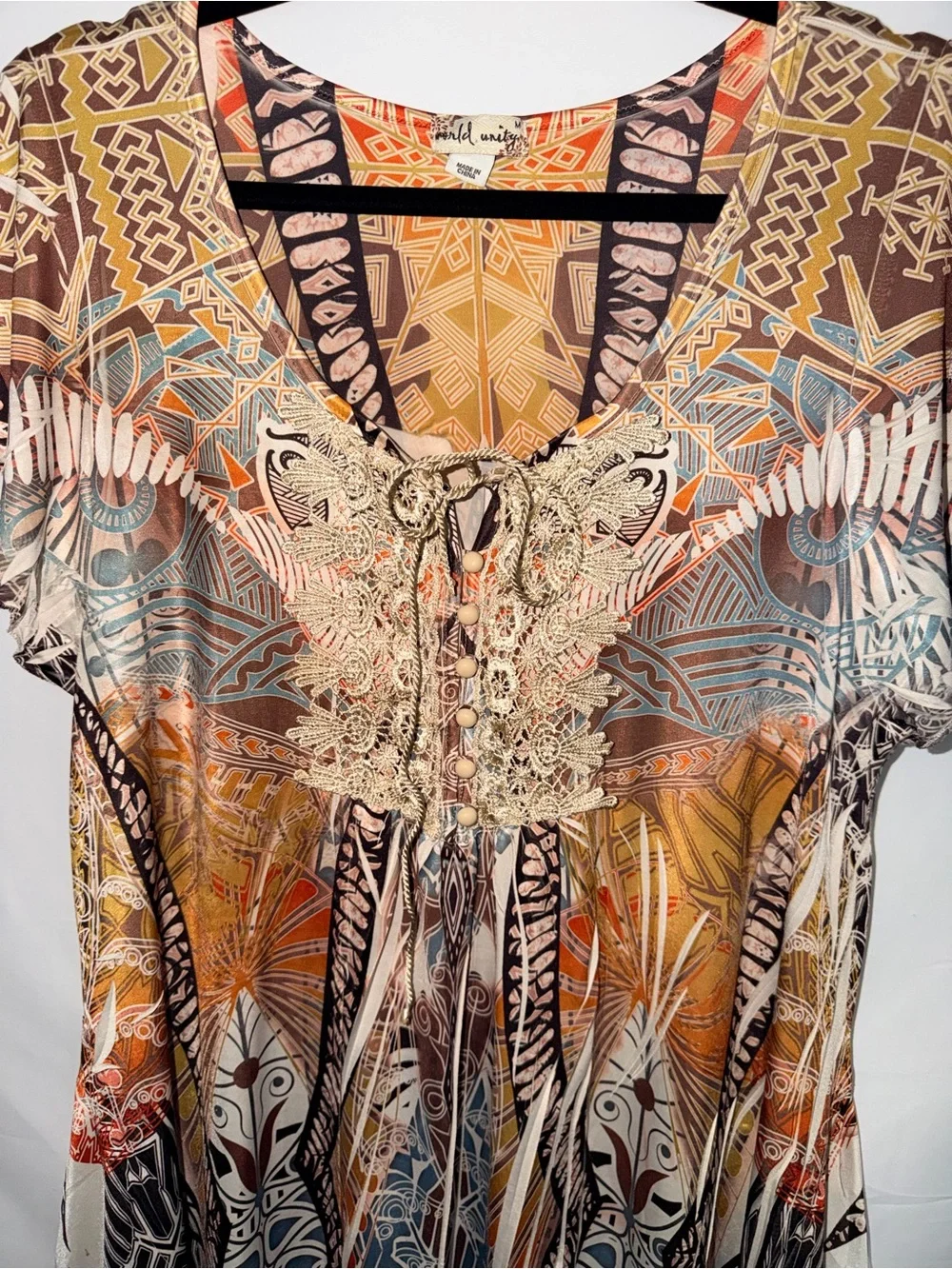 World Unity Boho Lace-Accent Women's Tunic Top - Multicolor Size M